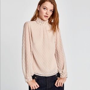 Zara Women Floral Dotted Mesh Top in cream color